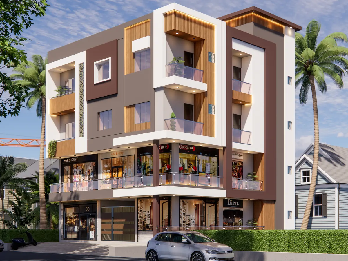 3D visualization of a proposed G+2 residential and commercial building in Nanded